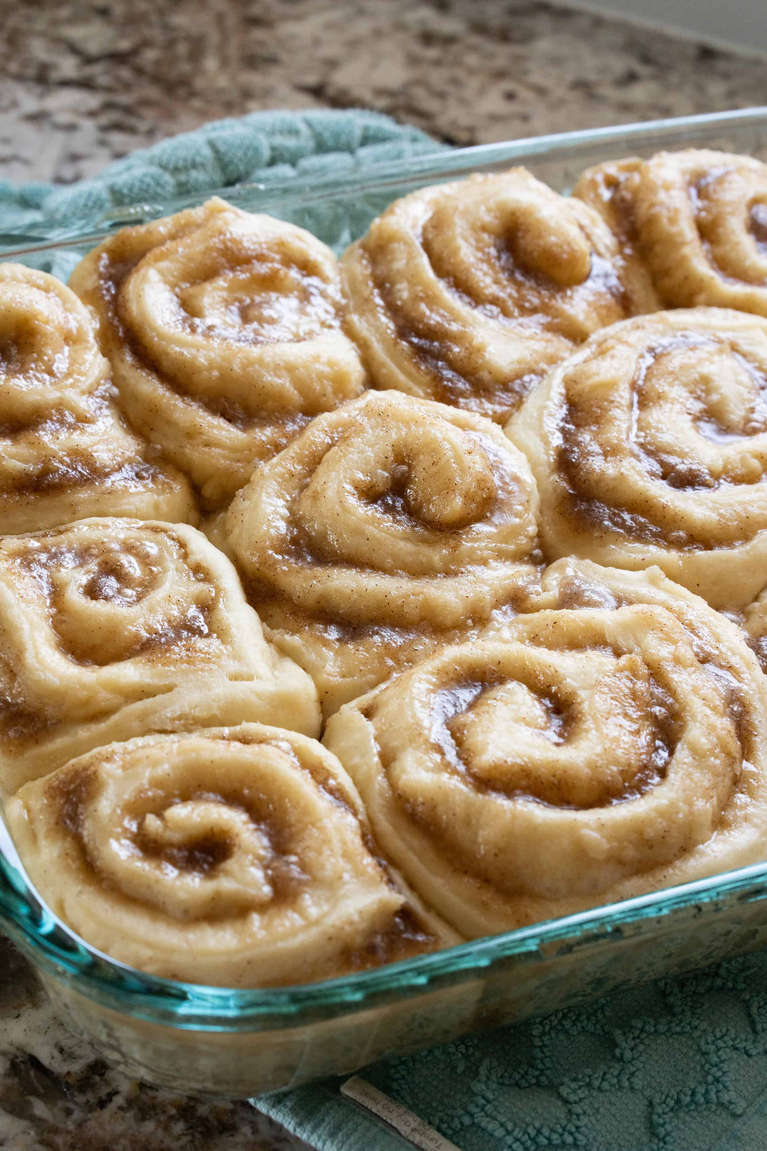 Des rouleaux de cannelle non cuits dans un plat de cuisson.