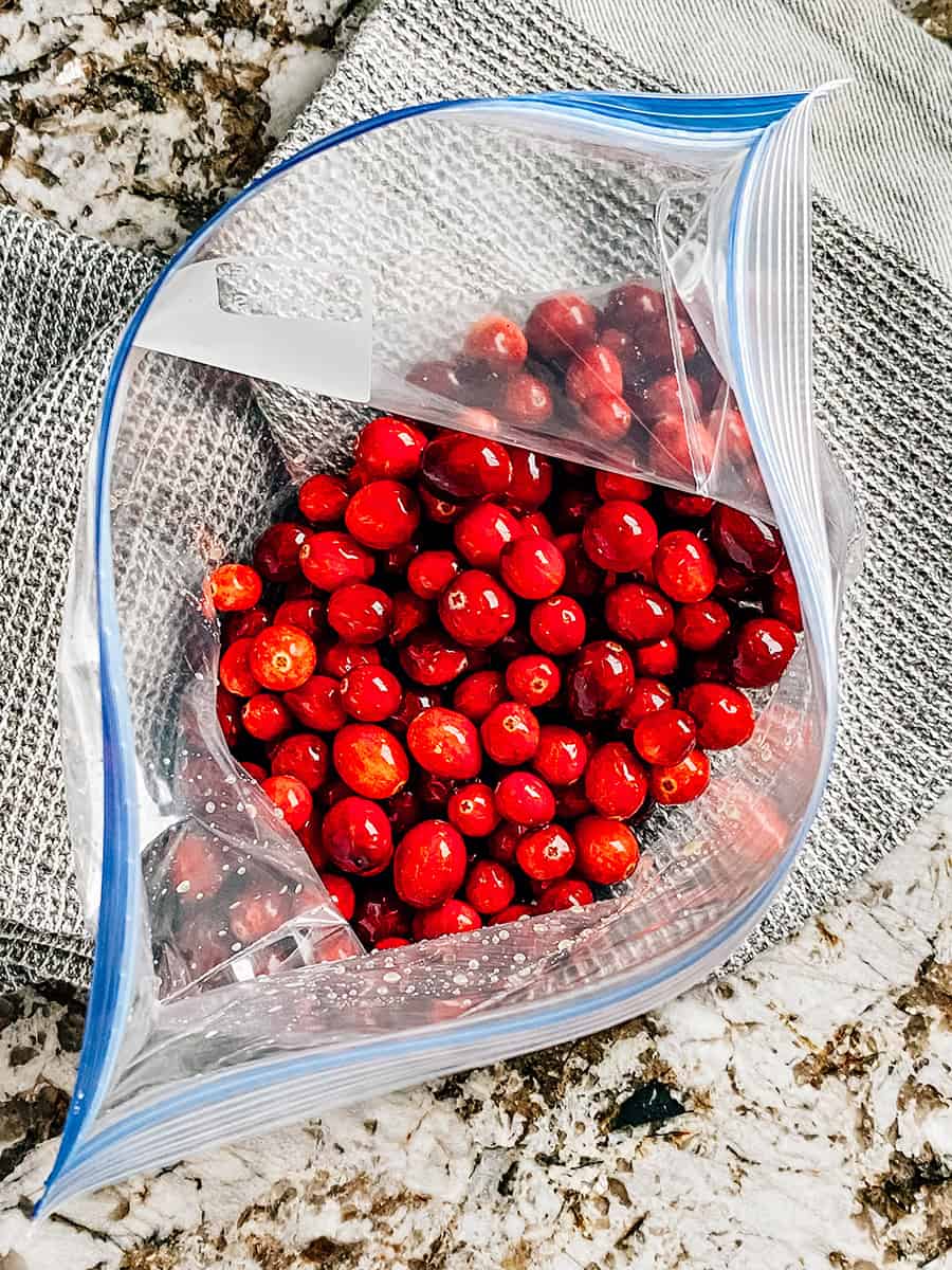 Drained cranberries in a gallon zip lock bag.
